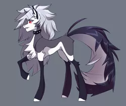 Size: 3013x2545 | Tagged: safe, artist:1an1, derpibooru import, ponified, earth pony, pony, blank flank, chest fluff, collar, crossover, ear fluff, fangs, female, gray background, grey hair, helluva boss, image, long hair, looking back, loona (helluva boss), mane, pale belly, png, raised leg, red sclera, side view, simple background, solo, spiked collar, tail, teeth, white eyes