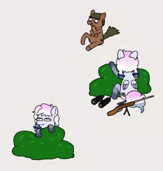 Size: 1900x2000 | Tagged: safe, artist:potatoconnoisseur, derpibooru import, oc, oc:heavy weather, oc:smelly bigshit, unofficial characters only, earth pony, pegasus, pony, binoculars, bush, derpibooru exclusive, female, gun, hiding, image, imminent death, looking at someone, male, mare, multiple views, png, simple background, stallion, thinking, weapon
