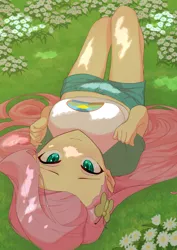 Size: 2480x3508 | Tagged: safe, artist:dekasuji, derpibooru import, fluttershy, equestria girls, blushing, breasts, busty fluttershy, cute, female, high res, image, jpeg, looking at you, lying down, on back, shyabetes, smiling, smiling at you, solo