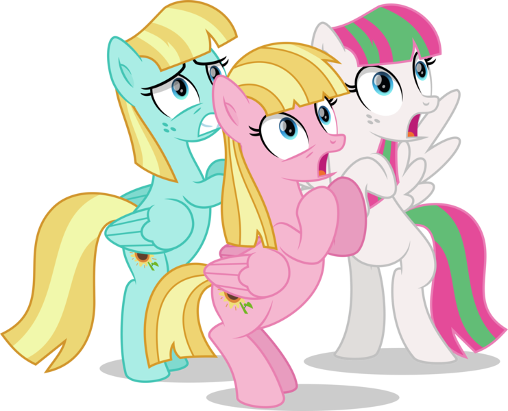 Size: 4484x3632 | Tagged: safe, artist:thatusualguy06, derpibooru import, blossomforth, helia, meadow flower, pegasus, pony, .svg available, absurd resolution, female, folded wings, image, mare, open mouth, panic, png, simple background, spread wings, transparent background, trio, trio female, vector, wings