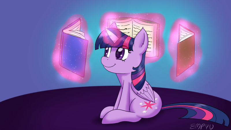 Size: 1920x1080 | Tagged: safe, artist:empyu, derpibooru import, twilight sparkle, twilight sparkle (alicorn), alicorn, pony, book, glow, glowing horn, horn, image, png, simple background, sitting