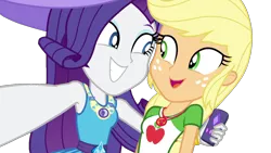Size: 1280x720 | Tagged: safe, artist:marcoequestrian98, derpibooru import, edit, edited screencap, screencap, applejack, rarity, equestria girls, background removed, duo, female, image, looking at each other, looking at someone, not a vector, png, rarity peplum dress, simple background, smiling, smiling at each other, transparent background
