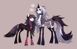 Size: 4883x3121 | Tagged: safe, artist:1an1, derpibooru import, ponified, demon, pony, collar, crossover, duo, female, grey hair, helluva boss, image, long hair, loona (helluva boss), mane, octavia (helluva boss), pale belly, png, red sclera, simple background, speech bubble, spiked collar, tail
