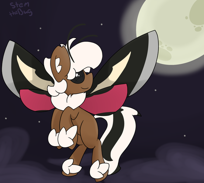 Size: 1900x1700 | Tagged: safe, artist:stemthebug, derpibooru import, oc, oc:stem bedstraw, unofficial characters only, insect, moth, mothpony, original species, pony, cloud, flying, image, insect wings, moon, png, solo, stars, wings