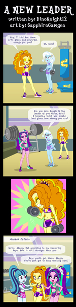 Size: 750x3000 | Tagged: safe, artist:sapphiregamgee, derpibooru import, adagio dazzle, aria blaze, sonata dusk, trixie, equestria girls, biceps, comic, gym, gym shorts, image, jpeg, muscles, the dazzlings, weight lifting, weights