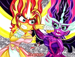 Size: 3900x3000 | Tagged: safe, artist:kamikiku, derpibooru import, sci-twi, sunset shimmer, twilight sparkle, equestria girls, friendship games, daydream shimmer, fight, image, jpeg, midnight sparkle