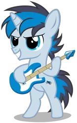 Size: 2000x3200 | Tagged: safe, artist:strategypony, derpibooru import, oc, oc:solar gizmo, unofficial characters only, pony, unicorn, bipedal, colt, electric guitar, foal, guitar, hoof hold, horn, image, male, musical instrument, png, simple background, smiling, transparent background, unicorn oc