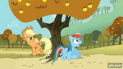 Size: 640x360 | Tagged: safe, derpibooru import, screencap, applejack, fluttershy, rainbow dash, earth pony, pegasus, pony, fall weather friends, season 1, ^^, animated, apple, applejack's hat, bucking, cowboy hat, cute, eyes closed, female, flying, food, gif, gifs.com, grin, hat, image, mare, mouth hold, open mouth, shyabetes, smiling, spread wings, tree, walking, wings