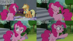 Size: 1280x720 | Tagged: safe, derpibooru import, edit, edited screencap, editor:quoterific, screencap, applejack, pinkie pie, earth pony, pony, horse play, season 8, spoiler:s08, applejack's hat, confetti, cowboy hat, duo, eyes closed, female, hat, image, mare, open mouth, open smile, png, smiling, streamers, text