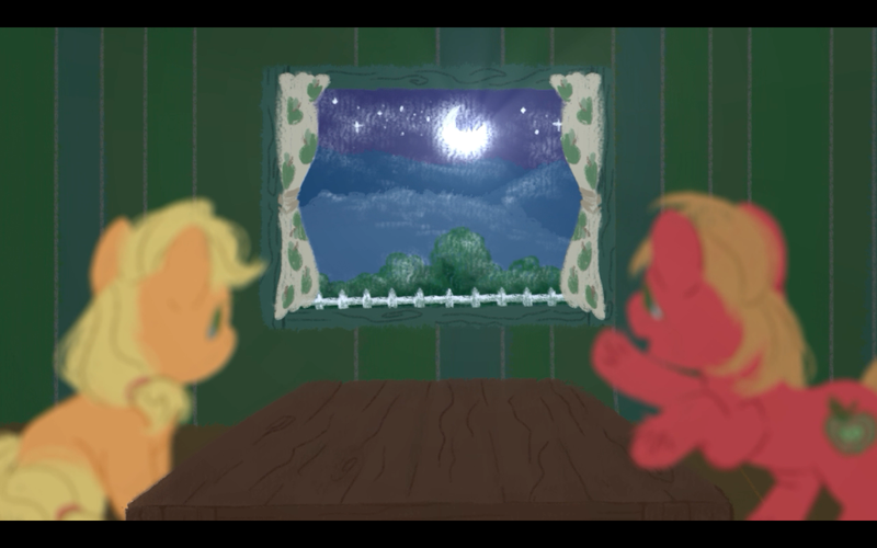 Size: 1280x800 | Tagged: safe, artist:kluzart, derpibooru import, applejack, big macintosh, pony, colt big macintosh, female, filly, filly applejack, foal, image, male, moon, png, younger