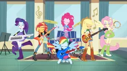 Size: 3410x1920 | Tagged: safe, derpibooru import, screencap, applejack, fluttershy, pinkie pie, rainbow dash, rarity, sunset shimmer, equestria girls, friendship games, applejack's hat, bass guitar, boots, bracelet, clothes, cowboy boots, cowboy hat, cutie mark, cutie mark on clothes, denim skirt, drum kit, drums, drumsticks, electric guitar, eyes closed, female, guitar, hairpin, hat, high res, humane five, image, jacket, jewelry, jpeg, leather, leather jacket, musical instrument, open mouth, open smile, ponied up, shoes, skirt, smiling, spread wings, tambourine, wings