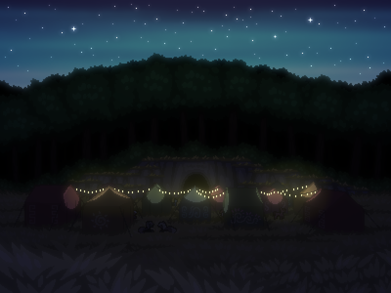 Size: 800x600 | Tagged: safe, artist:rangelost, derpibooru import, oc, unofficial characters only, cyoa:d20 pony, camp, cyoa, forest, image, night, night sky, pixel art, png, sky, stars, story included, string lights, tent, tree