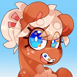 Size: 2048x2048 | Tagged: safe, artist:cocopudu, derpibooru import, oc, oc:snickerdoodle, unofficial characters only, earth pony, pony, braces, bust, chest fluff, eye clipping through hair, female, freckles, gradient background, image, jpeg, looking at you, mare, open mouth, open smile, smiling, smiling at you, solo, wingding eyes