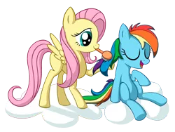 Size: 1502x1129 | Tagged: safe, artist:reconprobe, derpibooru import, fluttershy, rainbow dash, pegasus, pony, brushing, cloud, female, filly, filly fluttershy, filly rainbow dash, image, png, simple background, transparent background, younger