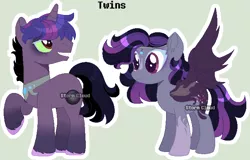 Size: 682x437 | Tagged: safe, artist:dinkydoolove, derpibooru import, oc, unofficial characters only, pegasus, pony, base used, duo, female, image, looking back, male, mare, offspring, parent:king sombra, parent:twilight sparkle, parents:twibra, pegasus oc, png, raised hoof, simple background, smiling, stallion, unshorn fetlocks, wings