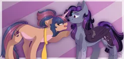 Size: 1024x489 | Tagged: safe, artist:dinkydoolove, derpibooru import, oc, unofficial characters only, pegasus, pony, unicorn, duo, female, horn, image, jpeg, mare, necktie, offspring, parent:flash sentry, parent:king sombra, parent:twilight sparkle, parents:flashlight, parents:twibra, pegasus oc, raised hoof, unicorn oc, wings