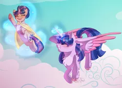 Size: 1024x738 | Tagged: safe, artist:dinkydoolove, derpibooru import, twilight sparkle, twilight sparkle (alicorn), oc, alicorn, pony, unicorn, cape, clothes, cloud, colored wings, duo, female, filly, flying, foal, glow, glowing horn, grin, horn, image, jpeg, levitation, magic, mare, offspring, parent:flash sentry, parent:twilight sparkle, parents:flashlight, smiling, telekinesis, two toned wings, unicorn oc, wings