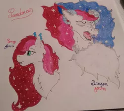Size: 2591x2314 | Tagged: safe, artist:monse2001, derpibooru import, oc, oc:pandora, unofficial characters only, pony, bust, chest fluff, duo, ethereal mane, female, image, jpeg, parent:princess luna, parents:canon x oc, starry mane, traditional art