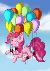 Size: 1024x1449 | Tagged: grimdark, artist:maneblue, derpibooru import, pinkie pie, earth pony, pony, balloon, blood, chest fluff, ear fluff, floating, flying, image, jpeg, outdoors, smiling, then watch her balloons lift her up to the sky