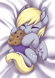 Size: 2675x3775 | Tagged: safe, artist:taytinabelle, derpibooru import, derpy hooves, pegasus, pony, cute, derpabetes, ear fluff, eyes closed, female, food, happy, hnnng, hug, image, lying down, mare, muffin, on back, png, smiling, solo, spread wings, unshorn fetlocks, wings