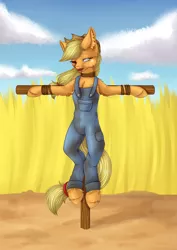 Size: 1024x1449 | Tagged: grimdark, artist:maneblue, derpibooru import, applejack, earth pony, semi-anthro, blood, clothes, ear fluff, food, hat, image, jpeg, missing eye, outdoors, overalls, scarecrow, solo, stitches, wheat