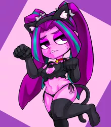 Size: 1041x1190 | Tagged: suggestive, artist:kyouman1010, derpibooru import, aria blaze, cat, equestria girls, bell, breasts, cat bell, cat ears, cat tail, catgirl, clothes, delicious flat chest, female, image, jpeg, looking at you, nya, panties, purple background, simple background, small breasts, socks, solo, solo female, stockings, stupid sexy aria blaze, sweat, tail, thigh highs, underwear