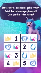 Size: 828x1472 | Tagged: safe, derpibooru import, official, izzy moonbow, bird, pony, turkey, unicorn, my little pony: a new generation, blue background, button, crown, cutie mark, g5, heart, horseshoes, image, instagram, instagram story, jewelry, jpeg, looking at you, numbers, purple background, regalia, shooting star, simple background, smiling, smiling at you, sudoku, translated in the description, turkish, vertical