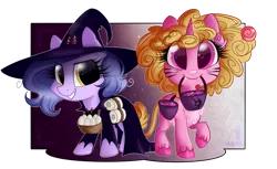 Size: 1280x782 | Tagged: safe, artist:lolepopenon, derpibooru import, oc, oc:billie, oc:curly cue, unofficial characters only, earth pony, unicorn, clothes, halloween, holiday, image, png