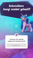 Size: 828x1472 | Tagged: safe, derpibooru import, official, izzy moonbow, bird, pony, turkey, unicorn, my little pony: a new generation, blue background, friendly, g5, game, image, instagram, instagram story, jpeg, logo, looking at you, purple background, question, riddle, simple background, smiling, smiling at you, standing, translated in the description, turkish, vertical