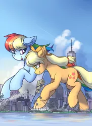 Size: 1600x2200 | Tagged: safe, artist:ravistdash, derpibooru import, applejack, rainbow dash, earth pony, pegasus, pony, appledash, building, city, destruction, female, growth drive, hat, image, lesbian, looking at each other, looking at someone, macro, png, shipping, sitting, smiling, smirk, stomping
