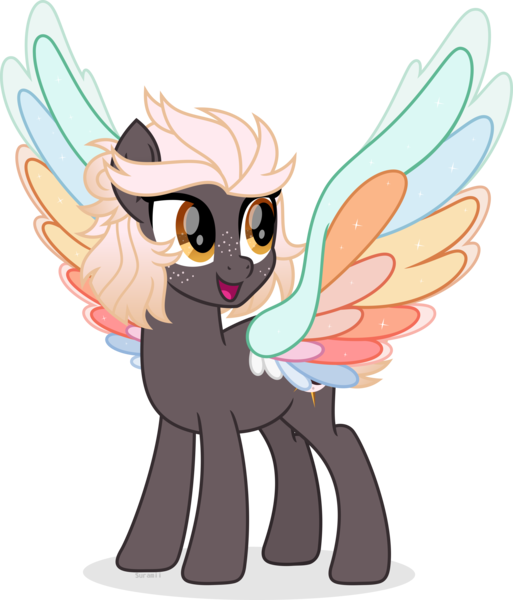 Size: 7317x8560 | Tagged: safe, artist:suramii, derpibooru import, oc, oc:night vision, unofficial characters only, pegasus, pony, absurd resolution, colored wings, female, freckles, full body, hooves, image, mare, multicolored wings, open mouth, open smile, pegasus oc, png, shadow, simple background, smiling, solo, spread wings, standing, transparent background, vector, wings