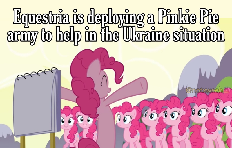 Size: 2896x1853 | Tagged: safe, derpibooru import, edit, edited screencap, editor:notxweeb, screencap, pinkie pie, earth pony, pony, too many pinkie pies, bipedal, clone, current events, image, jpeg, meme, open arms, photo, ukraine, war, watermark