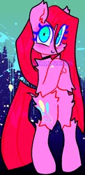 Size: 552x1132 | Tagged: safe, artist:computershits, derpibooru import, pinkie pie, anthro, earth pony, bipedal, chest fluff, choker, dilated pupils, ear fluff, fluffy, heart, heart hoof, hooves to the chest, hooves together, image, lightly watermarked, long hair, looking at you, paint drip, paint splatter, pinkamena diane pie, png, simple background, smiling, solo, watermark