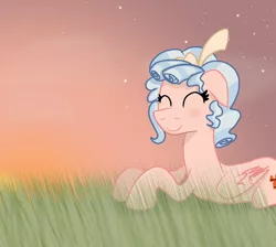 Size: 4000x3580 | Tagged: safe, artist:naturajellyfish, derpibooru import, cozy glow, pegasus, pony, blushing, bow, butt freckles, cloud, cozy glow's bow, cozybetes, cute, eyes closed, female, floppy ears, folded wings, freckles, grass, grass field, hair bow, high res, image, lying down, mare, older, older cozy glow, png, prone, quality, smiling, solo, starry sky, sunset, wings