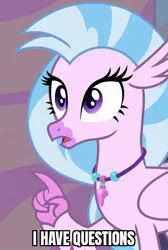 Size: 449x667 | Tagged: safe, derpibooru import, edit, edited screencap, screencap, classical hippogriff, hippogriff, season 9, student counsel, spoiler:s09, caption, cropped, female, i have questions, image, image macro, jpeg, meme, open mouth, surprised, text