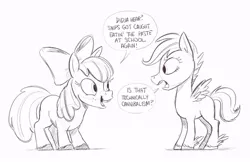 Size: 943x612 | Tagged: safe, artist:mellodillo, derpibooru import, apple bloom, scootaloo, earth pony, pegasus, pony, dialogue, female, filly, foal, grayscale, image, implied cannibalism, implied snips, jpeg, monochrome, simple background, sketch, speech bubble, white background
