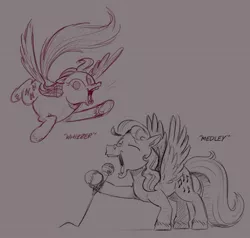 Size: 908x863 | Tagged: safe, artist:mellodillo, derpibooru import, medley, whizzer, pegasus, pony, duo, eyes closed, female, flying, g1, gray background, image, jpeg, mare, microphone, simple background, singing, sketch