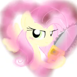 Size: 4096x4096 | Tagged: safe, artist:tiga mega, derpibooru import, fluttershy, pegasus, pony, .mov, shed.mov, chainsaw, female, heart, image, jpeg, looking at you, mare, simple background, smiling, smiling at you, solo, white background, wings