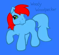 Size: 666x628 | Tagged: safe, artist:mlpfanboy579, derpibooru import, ponified, bird, earth pony, pony, blue background, blue tail, crossover, female, full body, g3, green eyes, hooves, image, mare, png, raised hoof, raised leg, red hair, red mane, simple background, smiling, solo, standing, tail, woodpecker, woody woodpecker