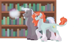Size: 1280x732 | Tagged: safe, artist:itstechtock, derpibooru import, oc, oc:polished lance, oc:starfire, unofficial characters only, classical unicorn, pony, unicorn, book, cloven hooves, image, leonine tail, magic, male, png, simple background, stallion, transparent background, unshorn fetlocks