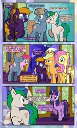 Size: 1920x3169 | Tagged: safe, artist:alexdti, derpibooru import, applejack, fluttershy, pinkie pie, twilight sparkle, twilight sparkle (alicorn), oc, oc:brainstorm (alexdti), oc:marco, oc:purple creativity, alicorn, earth pony, pegasus, pony, unicorn, comic:quest for friendship, applejack is not amused, comic, dialogue, eyes closed, female, flying, folded wings, glasses, grin, high res, hooves, horn, image, jpeg, looking at each other, looking at someone, looking back, male, mare, open mouth, open smile, pegasus oc, raised hoof, raised leg, shadow, smiling, speech bubble, spread wings, stallion, standing, tail, two toned mane, two toned tail, unamused, unicorn oc, wings
