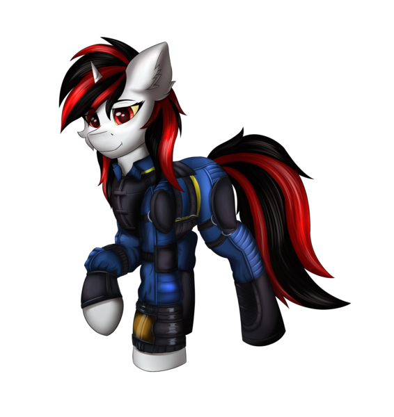 Size: 4719x5000 | Tagged: safe, artist:flapstune, derpibooru import, oc, oc:blackjack, unofficial characters only, pony, unicorn, fallout equestria, fallout equestria: project horizons, clothes, fanfic art, female, image, looking at you, mare, png, simple background, transparent background, vault suit