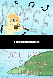 Size: 2742x4000 | Tagged: safe, artist:justapone, derpibooru import, oc, oc:orange cream, unofficial characters only, pony, colored, colored sketch, comic, cthulhu, dialogue, female, gritted teeth, image, macro, mare, musical instrument, playing instrument, png, screech, simple background, solo, solo female, summoning, violin