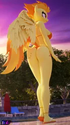 Size: 2160x3840 | Tagged: suggestive, artist:shadowboltsfm, derpibooru import, spitfire, anthro, plantigrade anthro, 3d, 4k, anklet, bikini, blender, breasts, busty spitfire, butt, butt touch, clothes, female, flip-flops, hand on butt, high res, image, jewelry, legs, not sfm, png, smiling, solo, swimming pool, swimsuit, wings