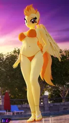 Size: 2160x3840 | Tagged: suggestive, artist:shadowboltsfm, derpibooru import, spitfire, anthro, plantigrade anthro, 3d, 4k, anklet, bikini, blender, breasts, busty spitfire, clothes, feet, female, flip-flops, high res, image, jewelry, legs, looking at you, not sfm, png, smiling, solo, swimming pool, swimsuit, wings
