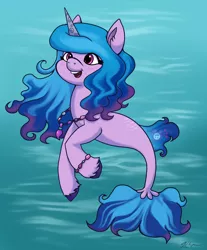 Size: 1692x2048 | Tagged: safe, artist:catscratchpaper, derpibooru import, izzy moonbow, pony, seapony (g4), unicorn, blue background, blue mane, blue tail, cute, dorsal fin, female, fish tail, flowing mane, g5, horn, image, jewelry, jpeg, mare, necklace, ocean, open mouth, pink eyes, seaponified, seapony izzy moonbow, signature, simple background, smiling, solo, species swap, swimming, tail, teeth, underwater, unshorn fetlocks, water