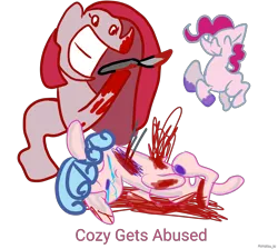 Size: 4000x3580 | Tagged: grimdark, artist:aonatsu_ki, derpibooru import, cozy glow, pinkie pie, earth pony, pegasus, pony, comic:cozy gate abused, 1000 hours in ms paint, abuse, alternate hairstyle, blood, clipped wings, cozybuse, crying, eyes closed, female, filly, floppy ears, foal, gritted teeth, hooves, image, knife, lying down, mare, pinkamena diane pie, png, raised hoof, sad, self paradox, self ponidox, simple background, smiling, text, this will end in cupcakes, transparent background, wat, wide smile, wings, wtf
