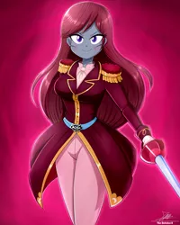 Size: 2420x3022 | Tagged: safe, artist:the-butch-x, derpibooru import, oc, oc:selune darkeye, unofficial characters only, equestria girls, body markings, clothes, costume, cute, female, female oc, fencing, image, looking at you, markings, png, rapier, redhead, regal, smiling, smiling at you, solo, solo female, sword, weapon