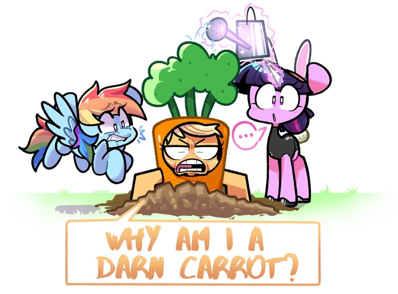 Size: 2017x1489 | Tagged: safe, artist:sourspot, derpibooru import, applejack, rainbow dash, twilight sparkle, earth pony, pegasus, pony, unicorn, ..., applejack is not amused, bunny ears, carrot, clothes, costume, easter, easter bunny, food, holiday, image, jpeg, lip bite, open mouth, speech bubble, stifling laughter, teary eyes, unamused, unicorn twilight