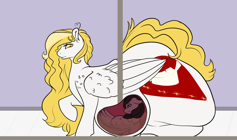 Size: 3000x1776 | Tagged: questionable, artist:shadypixels, derpibooru import, oc, oc:soft touch, oc:unlucky shadow, unofficial characters only, pegasus, butt, female pred, huge butt, image, impossibly large butt, internal, large butt, male prey, nsfw, pegasus oc, png, stuck, vore, wings